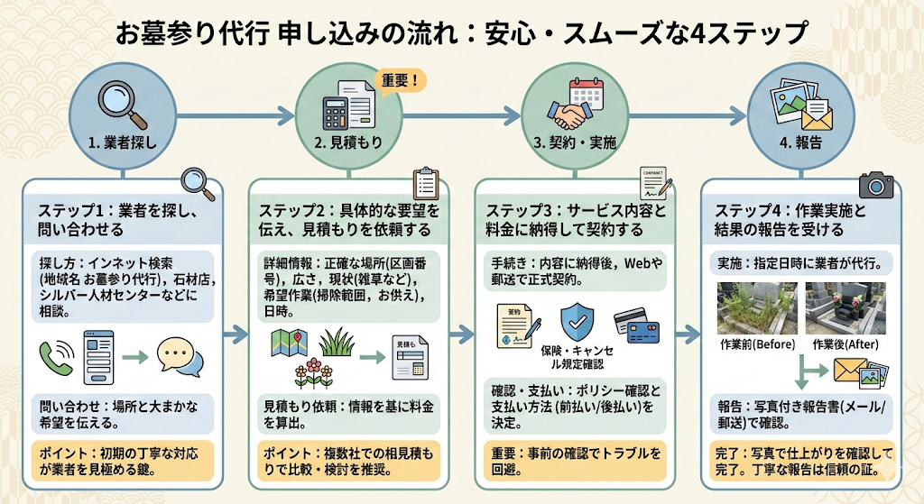 お墓参り代行の申し込み方法、基本的な流れ4ステップ