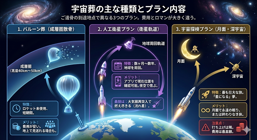 宇宙葬の主な種類（方法）とプラン内容