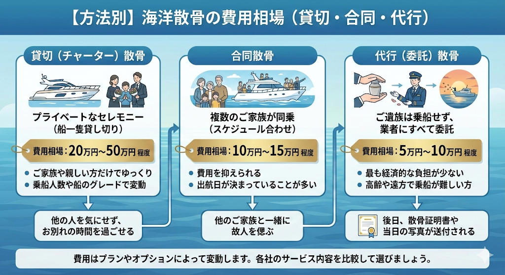 【方法別】海洋散骨の費用相場(貸切・合同・代行)